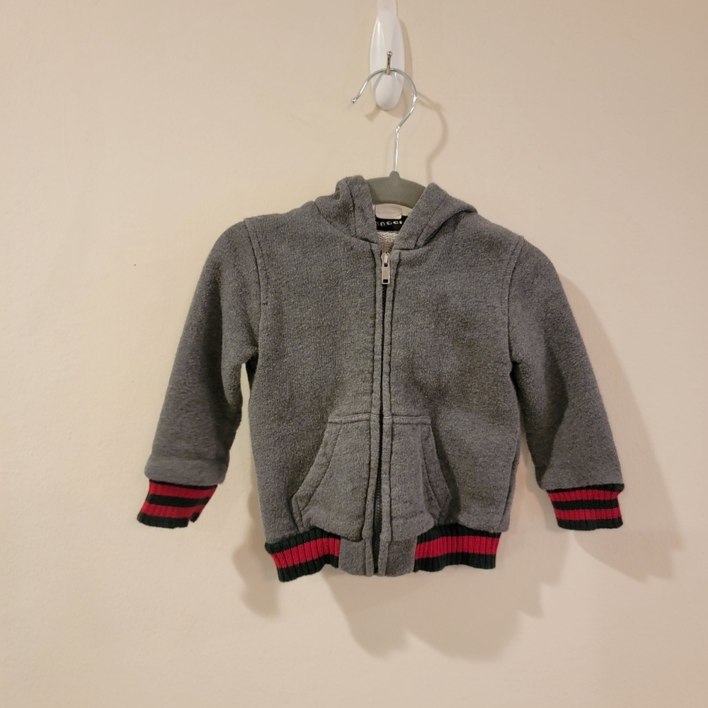 Authentic Gucci Kids Grey Fleece Zip Hoodie  Signature Red & Green Web Stripe
